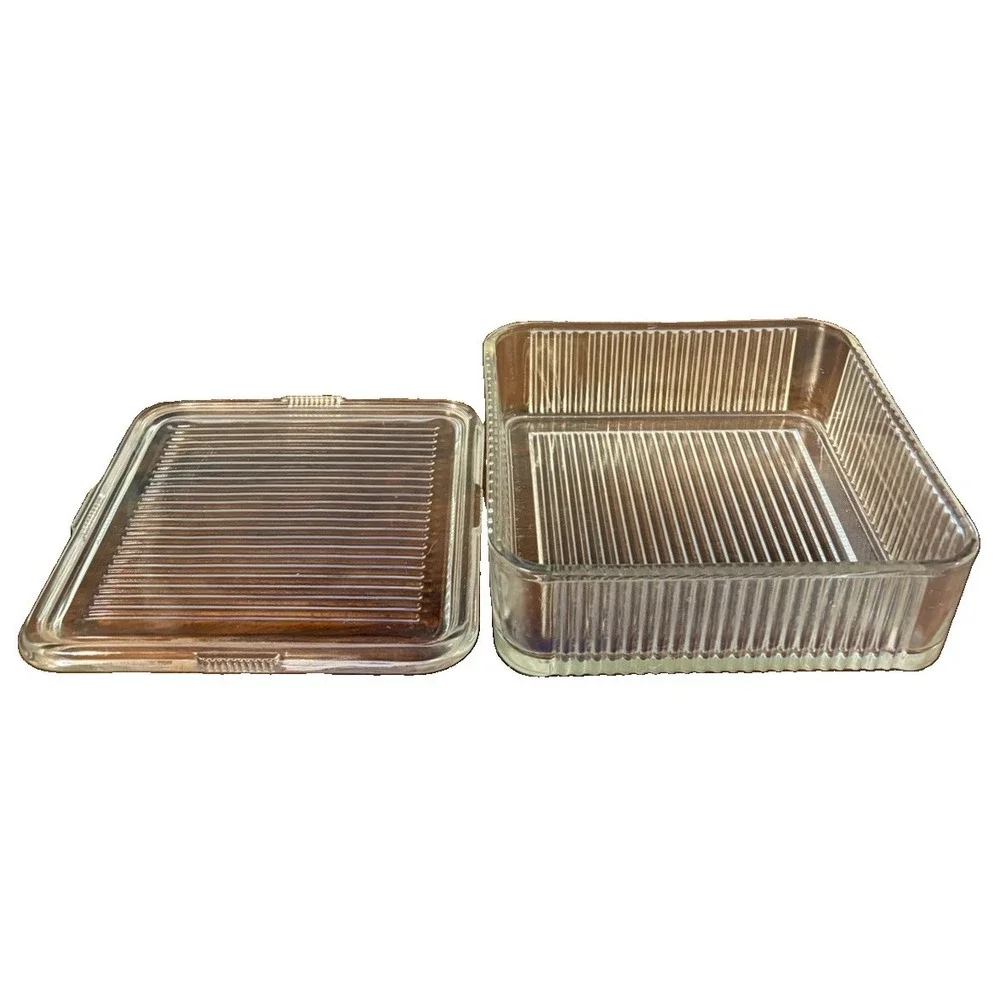 Vintage Clear Glass Refrigerator Dish Box Ribbed Covered Storage Container 8